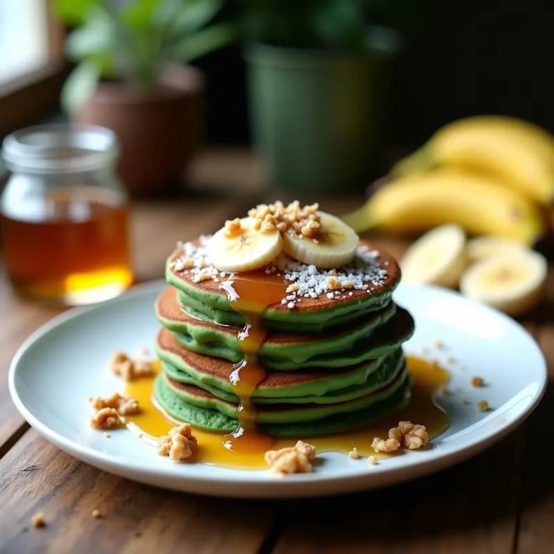 Plato blanco con panqueques de espirulina y plátano apilados, bañados en sirope de arce dorado, decorados con nueces picadas y coco rallado sobre fondo rústico de madera.