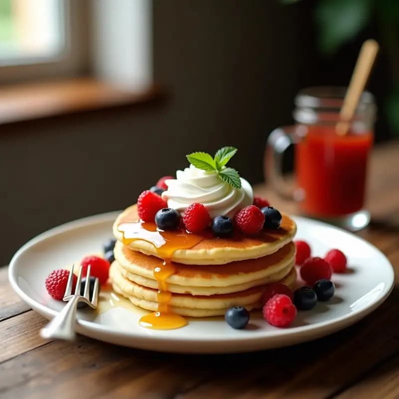 Plato blanco con panqueques franceses dorados apilados, cubiertos de nata montada cremosa y frutos rojos frescos (fresas, frambuesas y arándanos), con un hilo de miel brillante. Desayuno dulce y esponjoso listo para servir.
