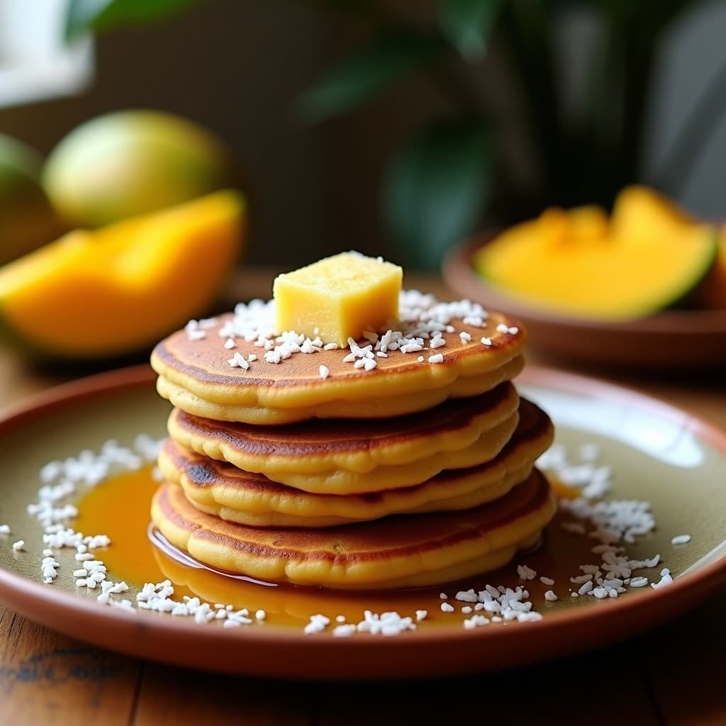 Pila de panqueques dorados de harina de banano y semillas de cáli sobre un plato de barro, acompañados de miel de caña y coco rallado, con frutas tropicales al fondo. Receta colombiana sin harina.