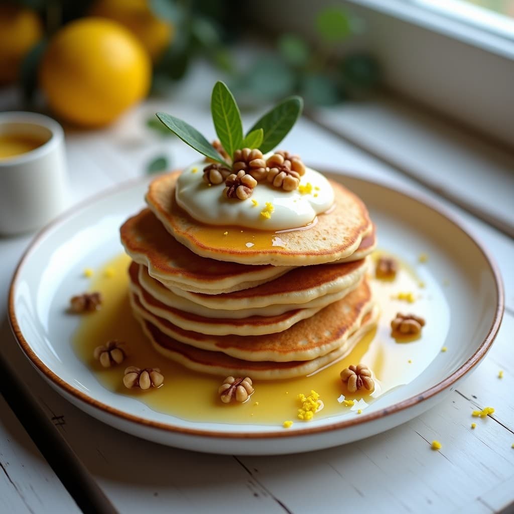 Plato blanco con panqueques dorados de harina de castaña apilados, cubiertos con crema de ricotta blanca y vetas de miel de eucalipto dorada, decorados con nueces picadas y ralladura de limón. Desayuno Italy keto elegante y apetitoso.
