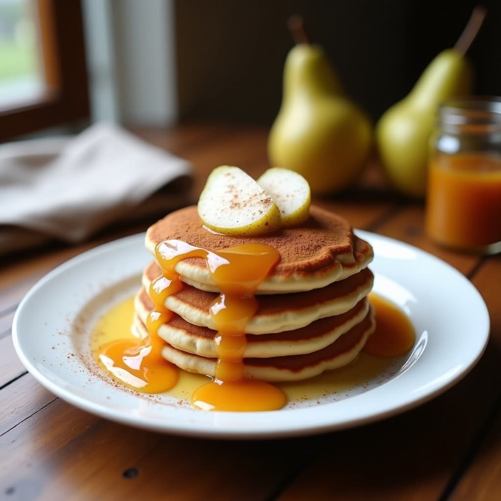 Plato blanco con tres panqueques dorados de harina de castaño apilados, cubiertos con compota de pera brillante y espolvoreados con canela, sobre fondo rústico de madera. Desayuno sin gluten y sin lácteos.