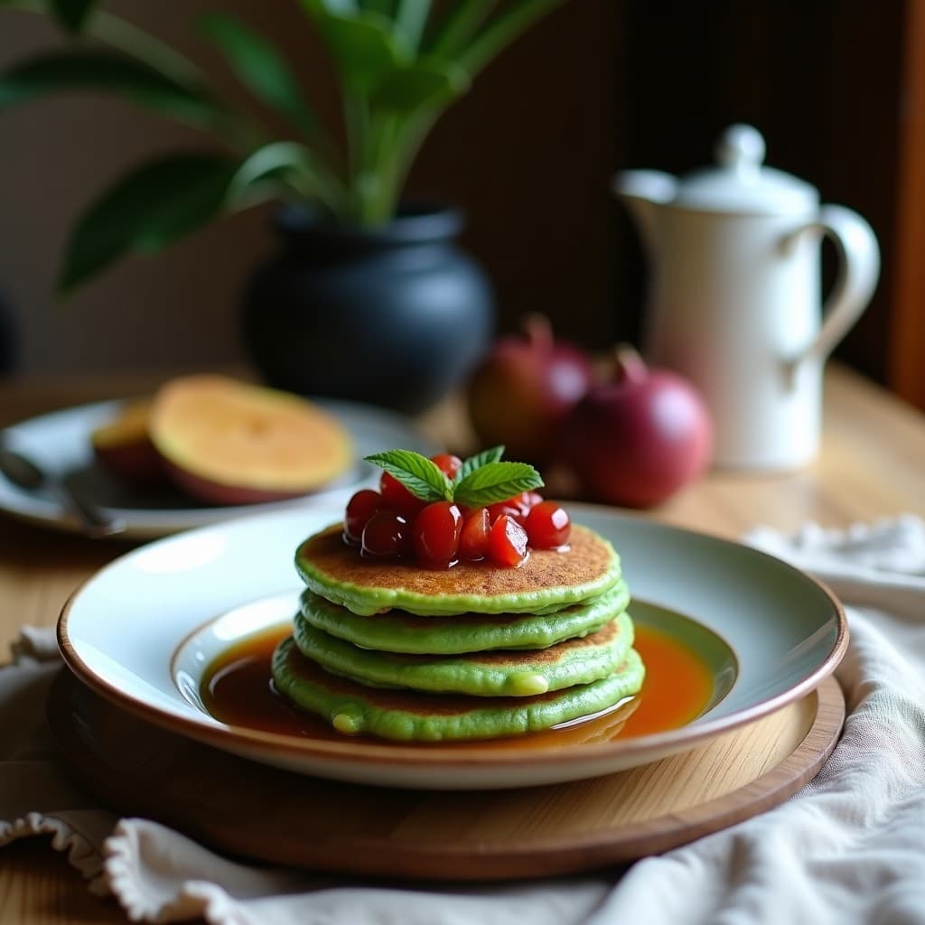 Plato blanco con panqueques dorados de harina de coco y espirulina, apilados y cubiertos con compota de guayaba de color rosado. Decorados con coco rallado y un toque de espirulina en polvo. Fondo rústico con hojas de menta.