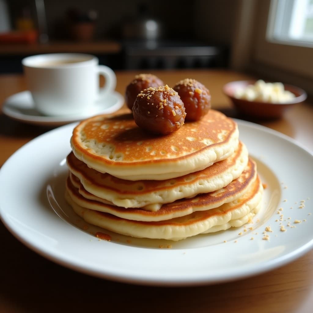 Plato blanco con panqueques dorados de harina de coco y puros de dátiles, apilados y coronados con rodajas de plátano fresco y un hilo de miel. Desayuno sin gluten y sin lácteos, textura esponjosa y color dorado intenso.