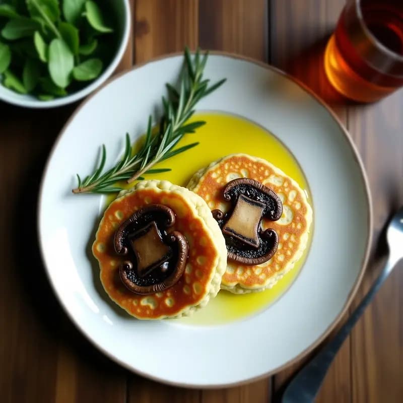Plato blanco con dos panqueques dorados de harina de guisante rellenos de champiñones portobello asados, acompañados de un hilo de aceite de oliva virgen extra y una rama de romero fresco. Receta keto sin lactosa.