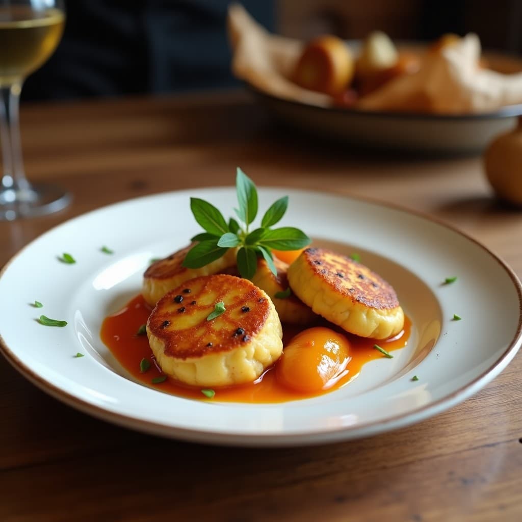 Pila de panqueques dorados de harina de lentejas y plátano sin gluten, apilados con capas de compota de manzana y semillas de chía, servidos en plato blanco rústico con fondo de madera y frutos rojos frescos.