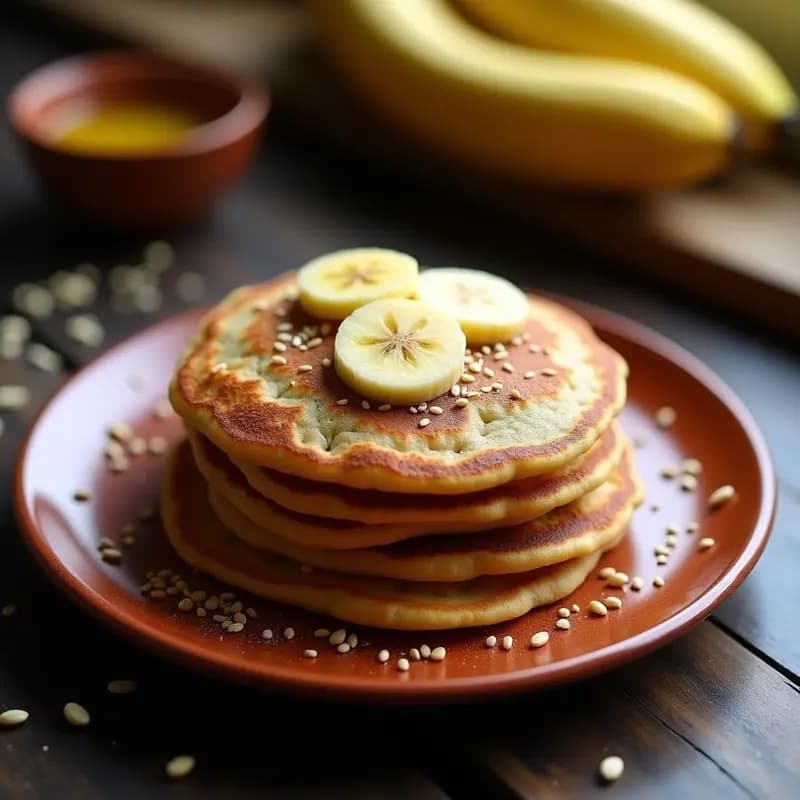 Pila de panqueques dorados de harina de teff y plátano maduro, con semillas de sésamo negro espolvoreadas, servidos en plato de barro rústico sobre fondo de madera oscura. Desayuno etíope sin azúcar y alto en fibra.