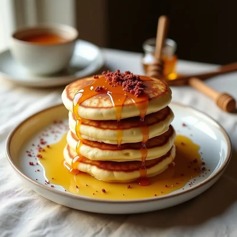 Plato de panqueques rusos dorados con requesón, bañados en miel de trébol y decorados con nueces picadas y canela, desayuno eslavo alto en proteínas.