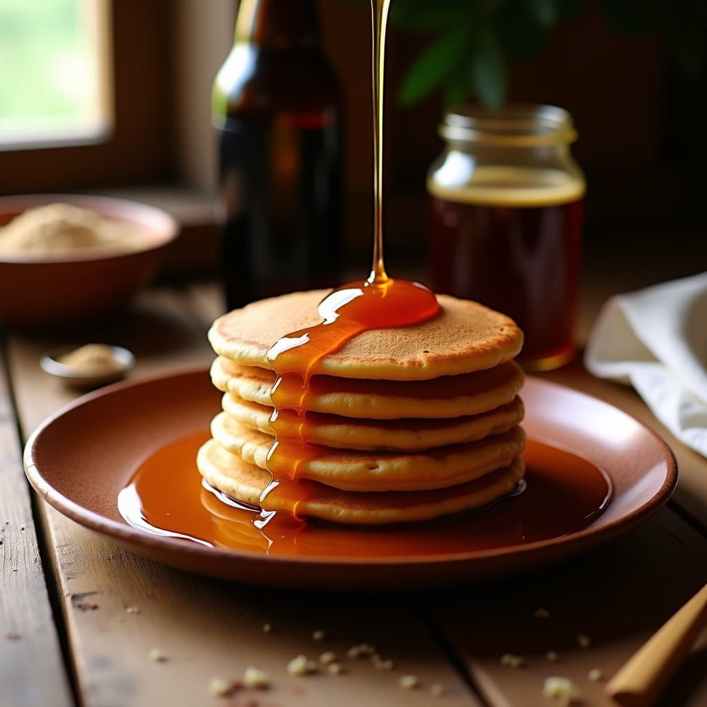 Pila de panqueques dorados de harina de sorgo y cerveza negra, con textura esponjosa y bordes ligeramente crujientes, servidos en plato de barro con miel de panela derramándose por encima. Desayuno colombiano sin gluten.