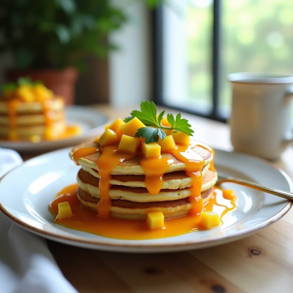Plato blanco con panqueques dorados y esponjosos de almidón de yuca, apilados y bañados con una salsa vibrante de mango habanero de color naranja intenso, decorados con hojas de cilantro fresco y rodajas de mango. Desayuno sin gluten y sin láctosa.