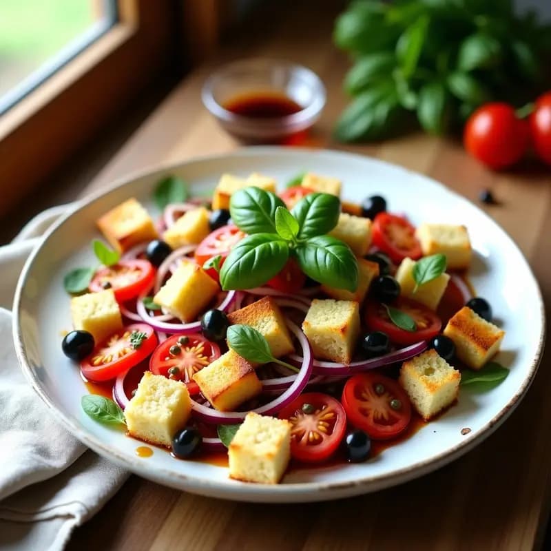 Ensalada panzanella florentina en fuente de madera rústica, con cubos de pan tostado dorado, gajos de tomate pera rojo, rodajas de pepino, cebolla morada en juliana y hojas de albahaca fresca. Aliñada con aceite de oliva y decorada con alcaparras, sobre un mantel de lino blanco con detalles toscanos.
