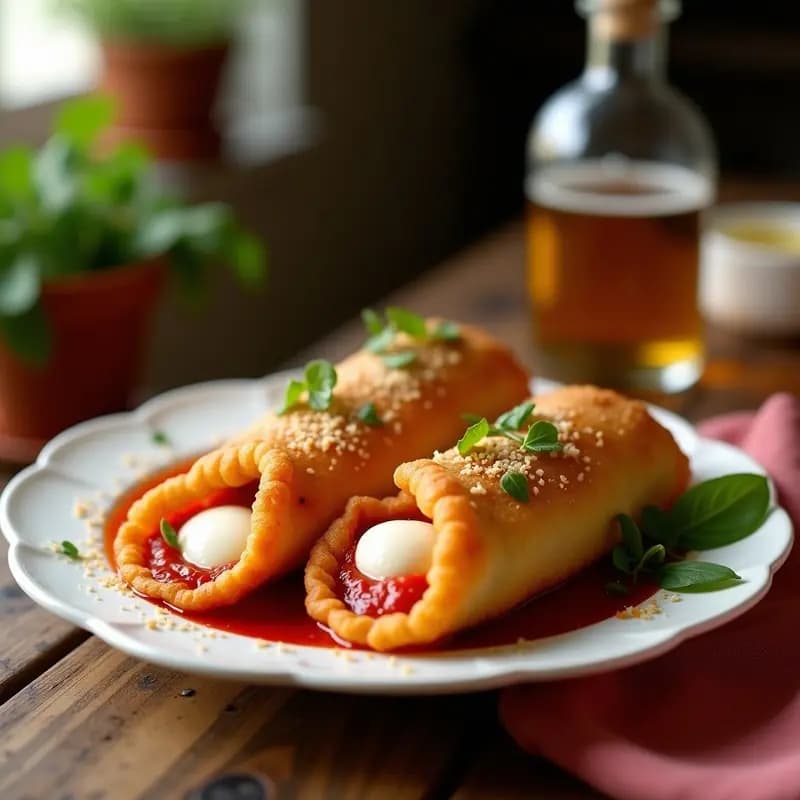 Panzerotti dorados y crujientes fritos en aceite, rellenos de pepperoni y mozzarella fundida, servidos en un plato rústico con salsa de tomate al lado. Receta italiana de comida basura clásica.