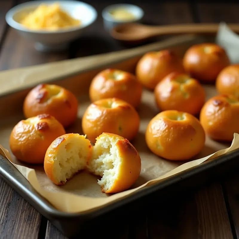 Bandeja de horno con pão de queijo brasilero dorado, esponjoso y con costra fina, hecho con queso Minas y almidón de yuca. Receta sin gluten servida sobre papel de horno rústico.