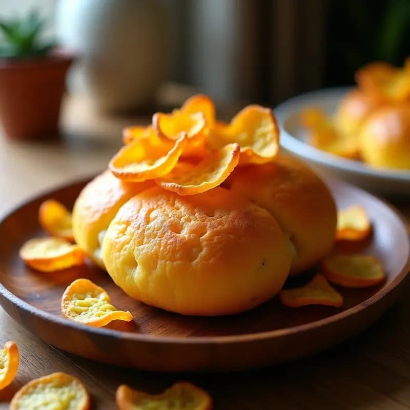 Pao de Queijo dorado y esponjoso con chips de yuca crujientes integrados, servido en una fuente de madera rústica sobre fondo blanco. Aperitivo brasileño sin gluten en Airfryer.