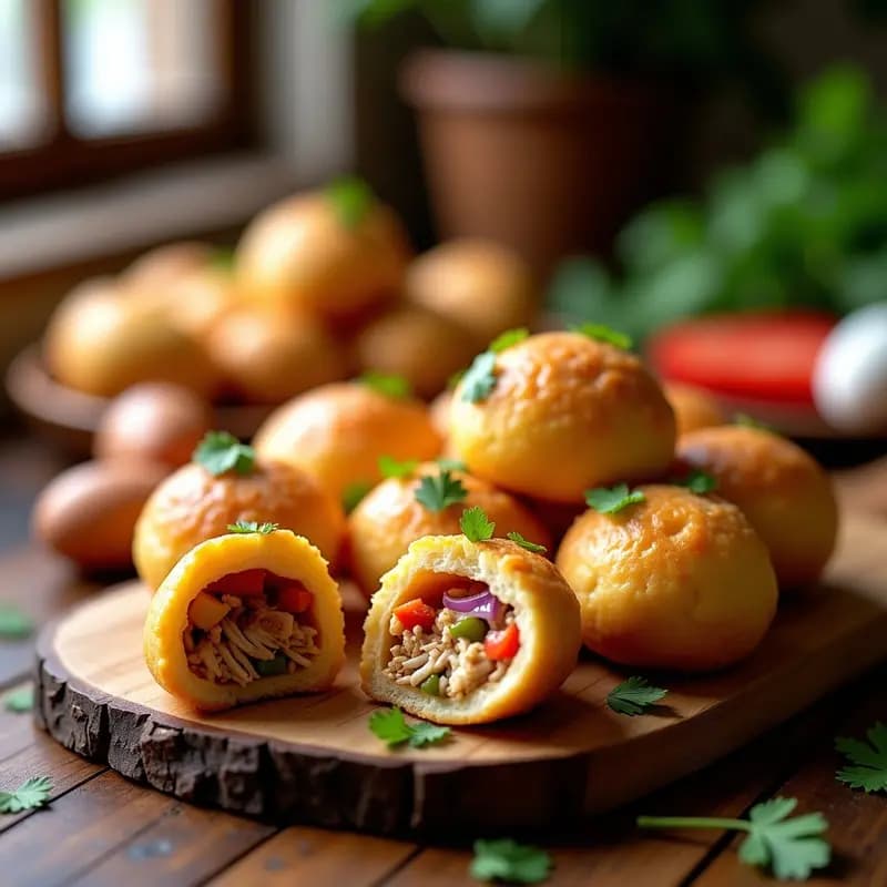 Pao de Queijo relleno de Frango Xadrez en Airfryer, dorados y esponjosos por fuera con relleno jugoso de pollo en salsa de tomate y pimientos, servidos en canasta de mimbre sobre fondo rústico.