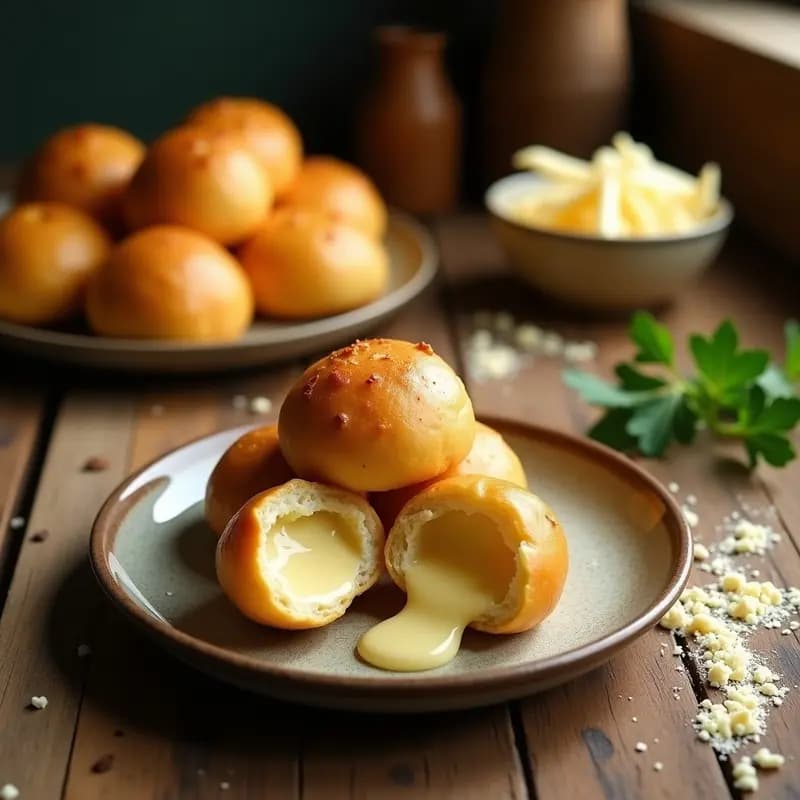 Bandeja de pão de queijo vegano dorado y esponjoso, con textura crujiente por fuera y relleno de queso de anacardos, sobre papel de horno. Receta brasileña sin lactosa y sin gluten.