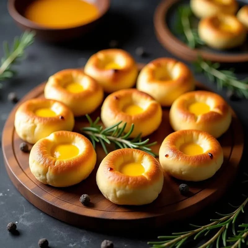 Pao de Queijo dorados y esponjosos rellenos de queso minero, servidos en una bandeja de madera con hierbas frescas. Receta brasileña sin gluten en Airfryer, con textura crujiente por fuera y corazón cremoso por dentro.