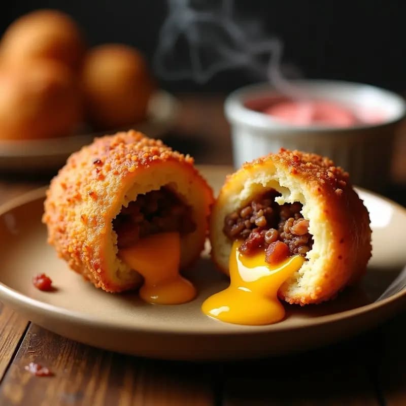 Papa rellena de carne, queso y bacon empanizada y frita, dorada y crujiente por fuera, con queso cheddar gratinado derritiéndose por encima, sobre fondo rústico de madera con salsa al lado.