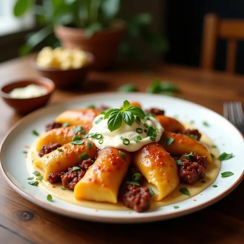 Plato de papa rellena peruana dorada y crujiente por fuera, con relleno de carne molida, champiñones y queso fundido asomando por los bordes, servida sobre fondo rústico con salsa de tomate.