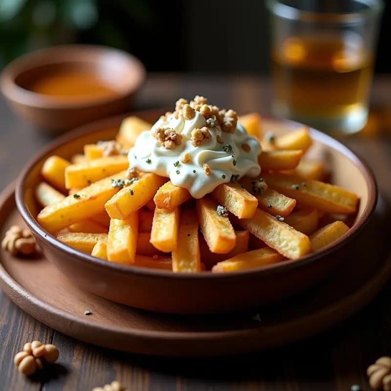 Fuente de barro rústica con papas fritas doradas y crujientes, cubiertas de una cremosa capa de queso azul desmenuzado mezclado con nata, espolvoreadas con nueces picadas y bañadas en una salsa brillante de miel. Receta belga de sabores audaces.