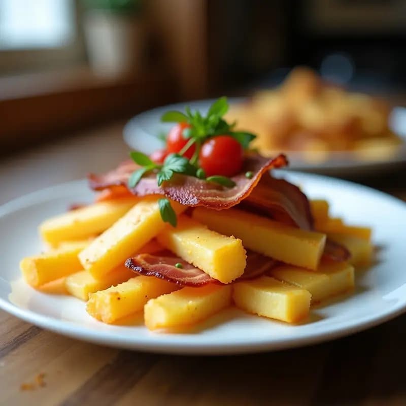 Plato hondo con papas fritas doradas cubiertas de queso cheddar fundido estirándose, trozos de bacon crujiente y aros de cebolla dorada. Aperitivo hipercalórico y adictivo con salsa barbacoa al lado.