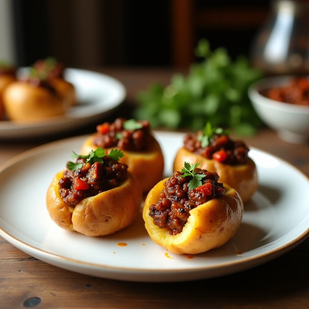 Papas rellenas de picadillo de soja y pasas en olla express, servidas en plato blanco con cilantro fresco y fondo rústico de madera. Receta colombiana vegana alta en proteína.