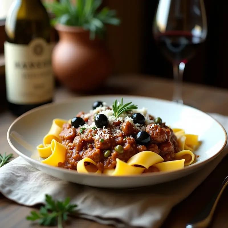 Plato hondo de cerámica blanca con pappardelle al ragú de conejo y aceitunas, bañadas en una salsa espesa de color marrón oscuro, decoradas con perejil fresco, virutas de parmesano y aceitunas negras. Fondos borrosos de mesa rústica con mantel de lino y copa de vino tinto.