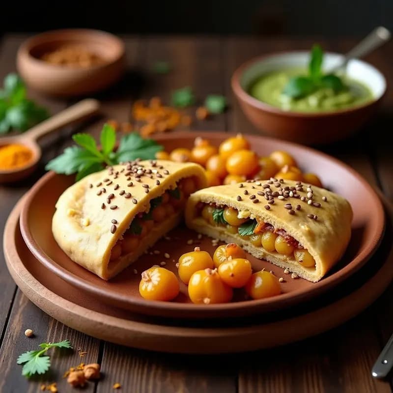 Paramantha de Patata y Pan de Trigo vegano servido en plato de barro, con capas doradas de pan de trigo integral y relleno de patata especiada, acompañado de chutney verde y semillas de sésamo.