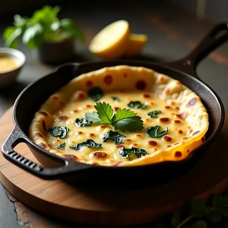 Paratha de Espinacas y Paneer Vegano dorados en una sartén de hierro, con capas visibles de masa rellena de espinacas verdes y queso de anacardos cremoso, decorados con hojas de cilantro fresco y servidos en un plato de barro rústico.