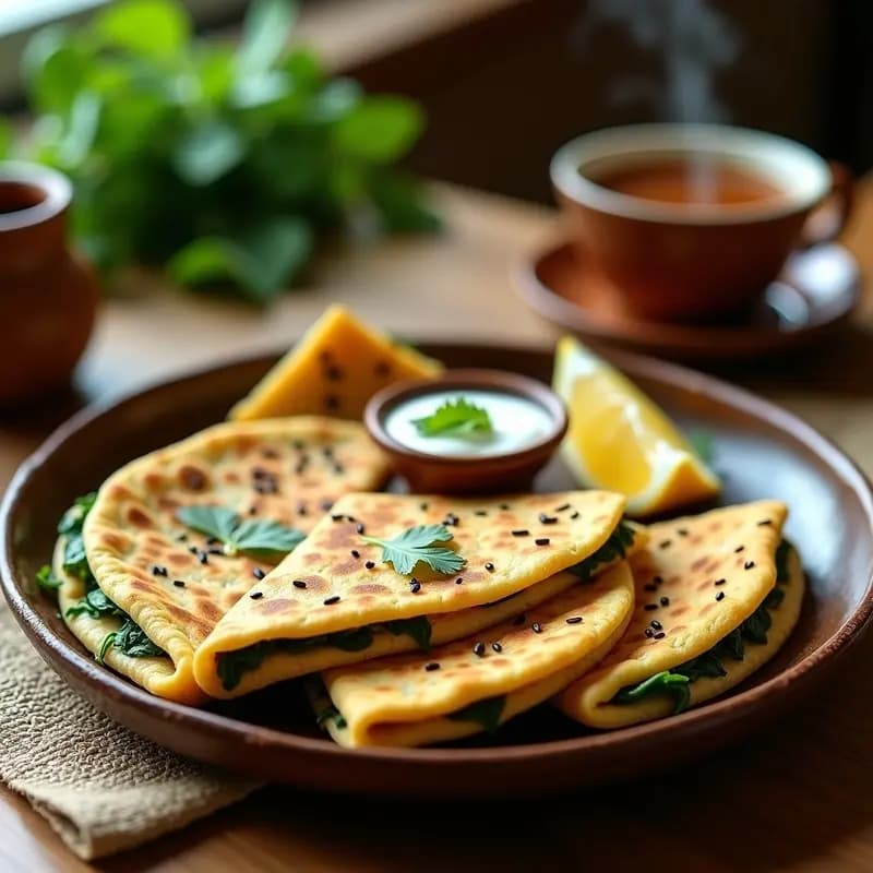 Parathas doradas y esponjosas rellenas de espinacas y queso paneer, servidas en un plato de barro con cilantro fresco y rodajas de limón. Receta de parathas de espinacas y queso para desayuno saludable.