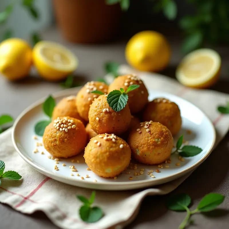 Plato blanco con bolitas de Parezi doradas y crujientes, espolvoreadas con semillas de sésamo, acompañadas de hojas de menta y rodajas de limón sobre un mantel de lino beige. Receta persa vegana de arroz y lentejas.