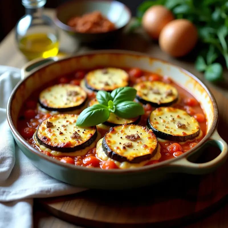 Parmigiana de calabacín vegana con salsa bechamel de avena gratinada al horno, servida en fuente de barro con capas visibles de calabacín, lentejas y bechamel dorada, decorada con albahaca fresca.