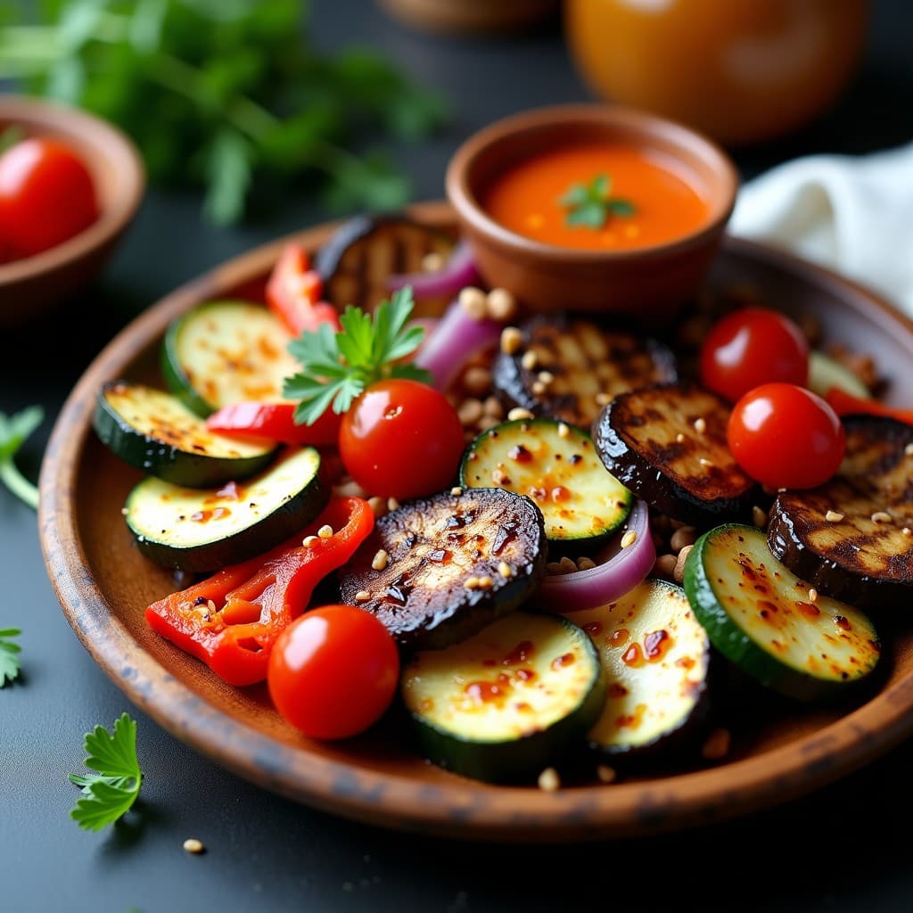 Parrillada de verduras asadas en airfryer con berenjena, calabacín, pimiento rojo, cebolla morada, champiñones y tomates cherry, acompañada de un cuenco de salsa romesco de almendras cremosa y dorada. Plato rústico de madera con hierbas frescas.