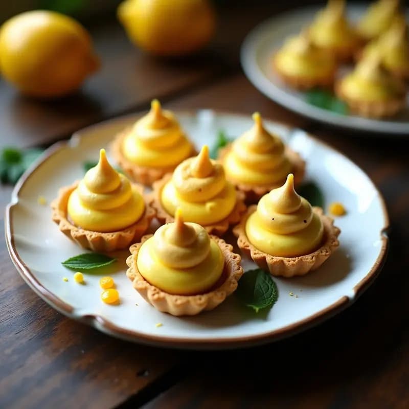 Tartaletas doradas de harina de almendra rellenas de crema amarilla de maracuyá y bocadillo, coronadas con merengue de aquafaba tostado en picos esponjosos. Postre colombiano vegano Pasionaria.