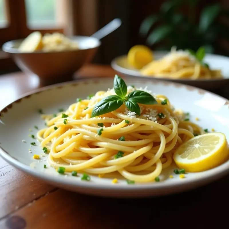 Plato hondo de porcelana blanca con Pasta al Limone italiana: fideos spaghetti bañados en una crema amarilla brillante de limón y parmesano, decorados con hojas de albahaca fresca, ralladura de limón y virutas de queso. Rodaja de limón al lado y fondo borroso de cocina rústica.
