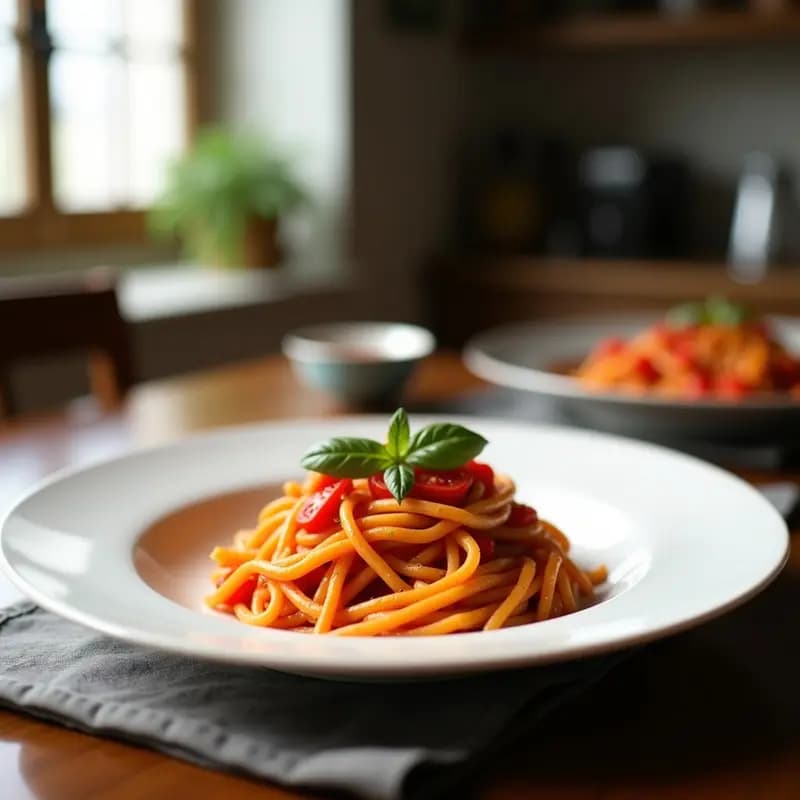 Plato de pasta al pomodoro con espaghetti al dente, cubiertos de salsa de tomate fresco pomodoro, hojas de albahaca fresca verde brillante y un hilo de aceite de oliva virgen extra. Fondo rústico de madera con un tenedor de plata y tomates frescos de fondo.