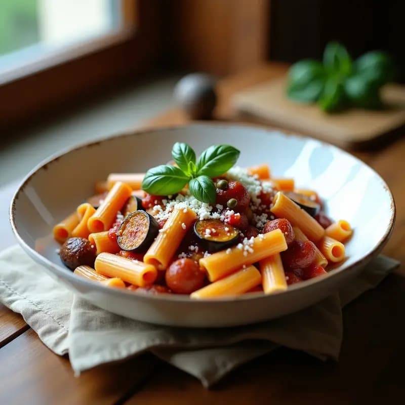 Plato hondo de cerámica blanca con Pasta alla Norma Siciliana: rigatoni cubiertos de salsa de tomate casera, berenjenas asadas doradas, ricotta salata rallada y hojas de albahaca fresca, sobre fondo rústico de madera.
