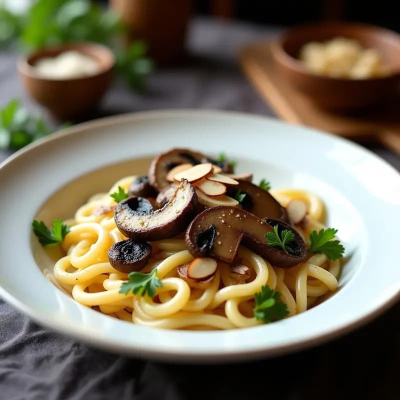 Plato hondo blanco con pasta Arborio cremosa, láminas doradas de champiñones Portobello, trozos de trufa negra y nueces de macadamia tostadas, decorado con perejil fresco y un hilo de aceite de trufa negra. Receta vegana italiana para ocasiones especiales.