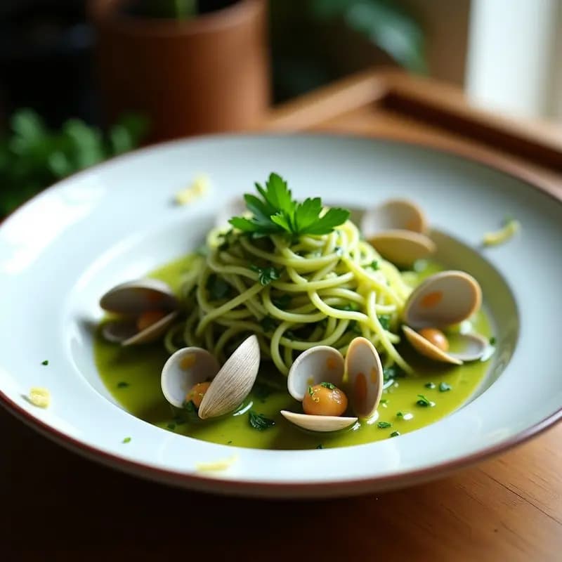 Plato hondo de cerámica blanca con pasta de calabacín en tiras verdes, almejas abiertas, salsa verde brillante con perejil y alcaparras, decorado con un hilo de aceite de oliva virgen extra.