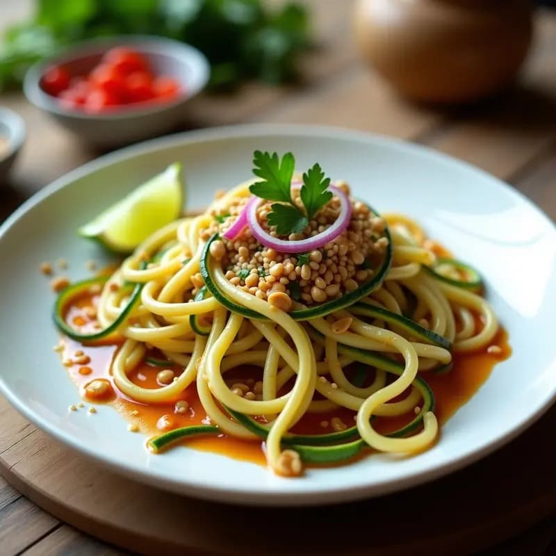 Plato tailandés con fideos de calabacín al dente bañados en una salsa cremosa de cacahuete y chile, decorados con semillas de sésamo, cilantro fresco y rodajas de limón kaffir. Receta sin gluten en Thermomix.