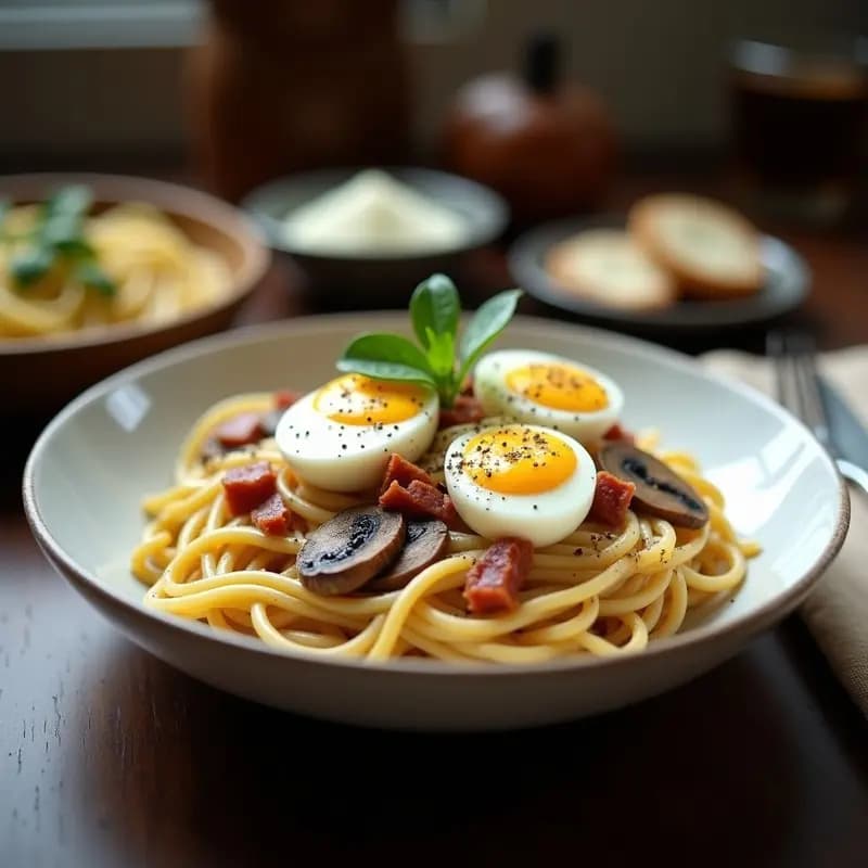 Plato hondo de cerámica negra con pasta carbonara cremosa, láminas de champiñones portobello dorados, taquitos de panceta ibérica crujiente y tres huevos de codorniz enteros con yema líquida. Decorado con pimienta negra, queso pecorino rallado y un hilo de aceite de trufa negra.