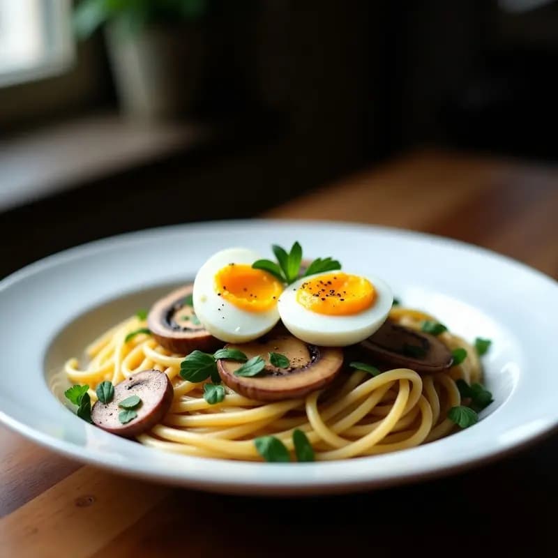 Plato blanco con pasta carbonara vegana de espagueti integral, champiñones portobello dorados en láminas gruesas, huevos de codorniz cremosos y almendras fileteadas tostadas. Decorado con perejil fresco y un toque de pimienta negra sobre fondo rústico de madera.