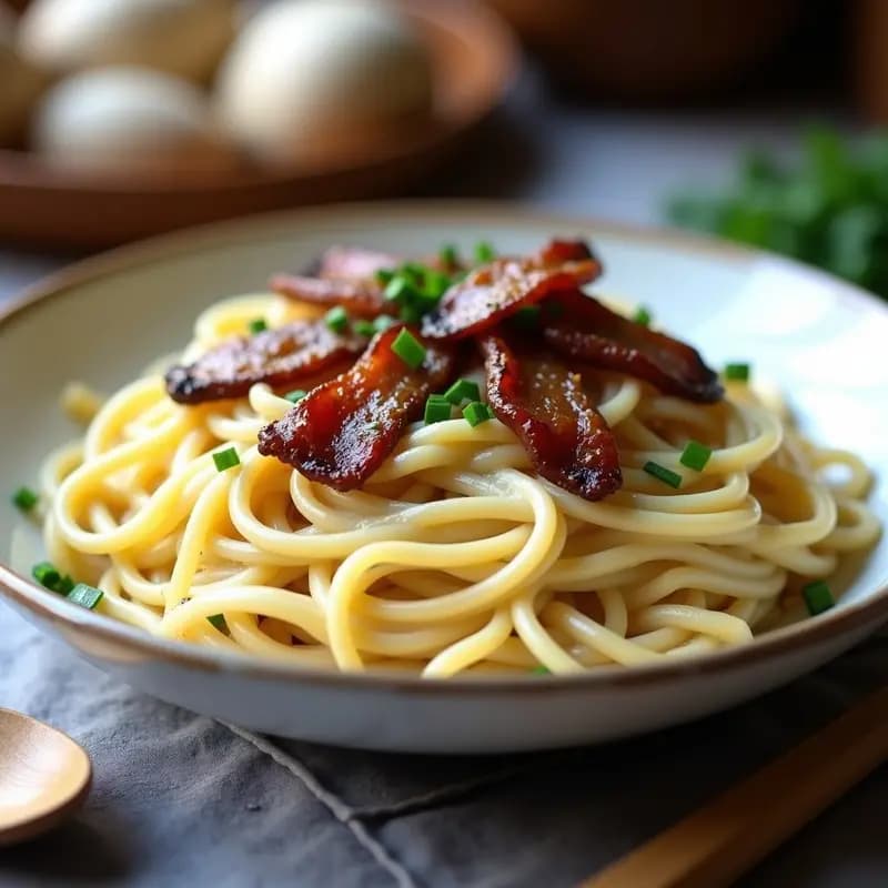 Plato hondo de cerámica blanca con pasta carbonara vegana, hongos shiitake dorados, tocino vegetal crujiente y perejil fresco, bañada en salsa cremosa de anacardos, sobre fondo rústico de madera.