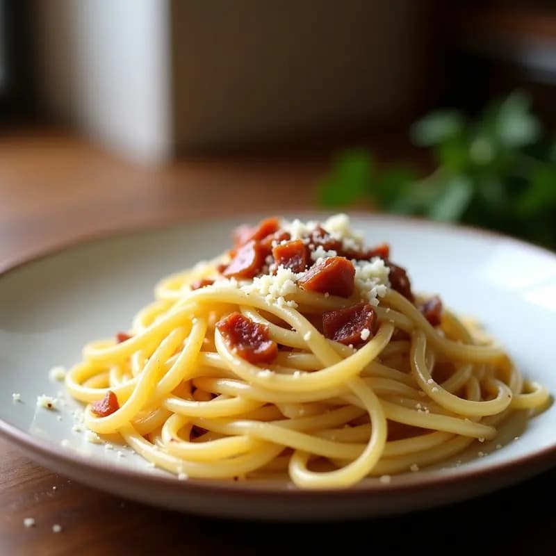Plato hondo blanco con pasta carbonara tradicional italiana, espaghetti al dente cubiertos de salsa cremosa de huevo y queso pecorino, trozos de panceta crujiente dorada y pimienta negra recién molida. Presentación rústica y apetecible.