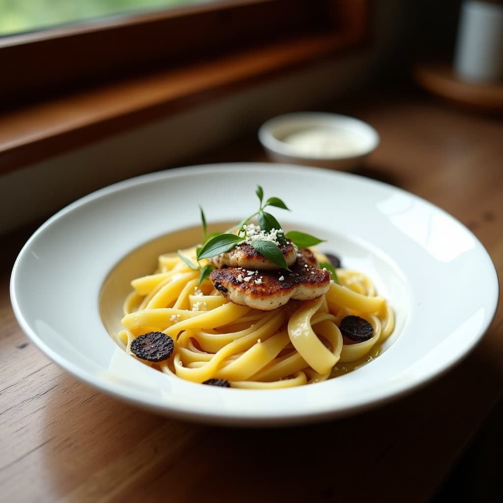 Plato hondo de porcelana blanca con pasta tagliatelle dorada, ancas de rana jugosas, cardo en juliana y láminas de trufa negra brillantes, receta gourmet italiana.