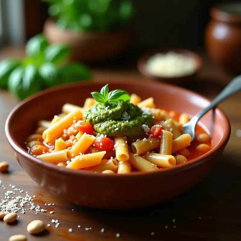Plato hondo de cerámica blanca con pasta e fagioli espesa, alubias blancas enteras y un hilo de pesto de albahaca verde brillante en el centro. Acompañado de una cucharada de madera y hojas de albahaca fresca como decoración.