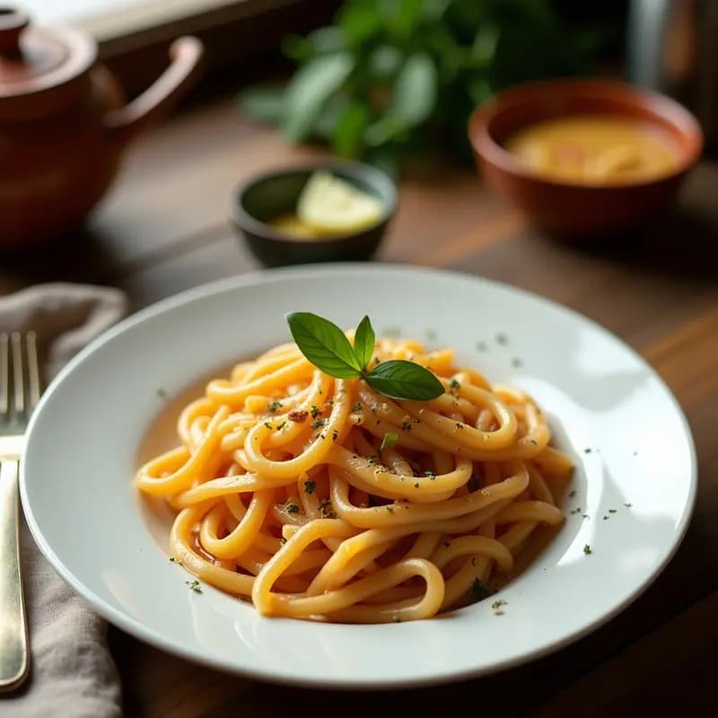 Cuenco hondo de cerámica blanca llena de pasta e fagioli con calabaza y salvia, mostrando trozos de calabaza butternut dorada, frijoles cannellini cremosos y pasta integral, decorada con hojas de salvia fritas y un hilo de aceite de oliva. Fondo rústico con una servilleta de lino y una rebanada de pan tostado.