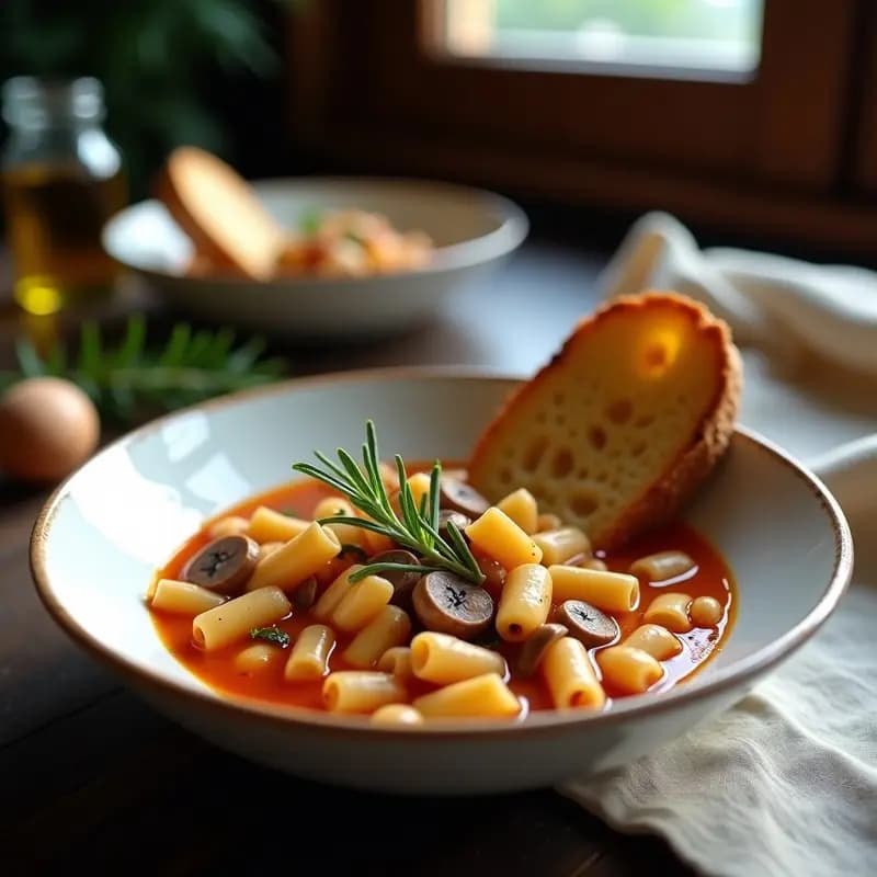 Cuenco hondo de cerámica blanca con Pasta e Fagioli vegana: sopa espesa de alubias blancas y pasta integral, acompañada de rebanadas doradas de pan de garbanzo y aceitunas negras. Plato italiano alto en fibra con hierbas frescas y aceite de oliva.