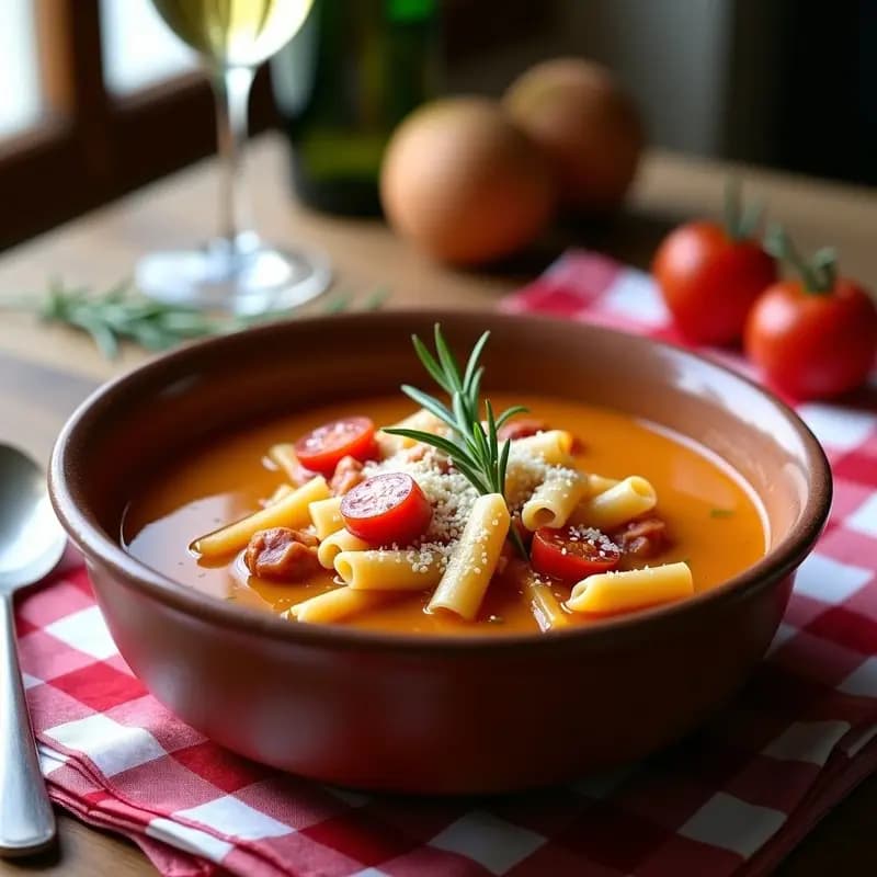 Plato hondo de barro con pasta e fagioli cremosa, alubias blancas, trozos de panceta dorada y tomates secos. Espolvoreada con queso Pecorino rallado y perejil fresco. Receta italiana en olla exprés alta en fibra.