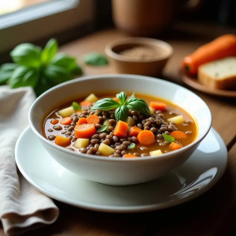 Pasta e Fagioli Sin Pasta: Sopa Italiana de Lentejas y Verduras con Albahaca Fresca