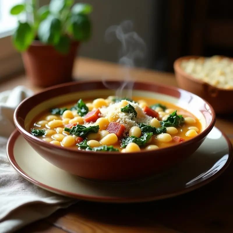 Plato hondo de barro con pasta e fagioli cremosa, alubias blancas, espinacas verdes vibrates y trozos de panceta dorada. Queso parmesano rallado por encima y un hilo de aceite de oliva. Fondo rústico con servilleta de lino.